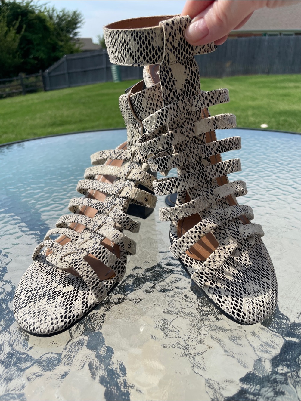 Naot Snake-Print Strappy Gladiator Heels in Beige and Black
